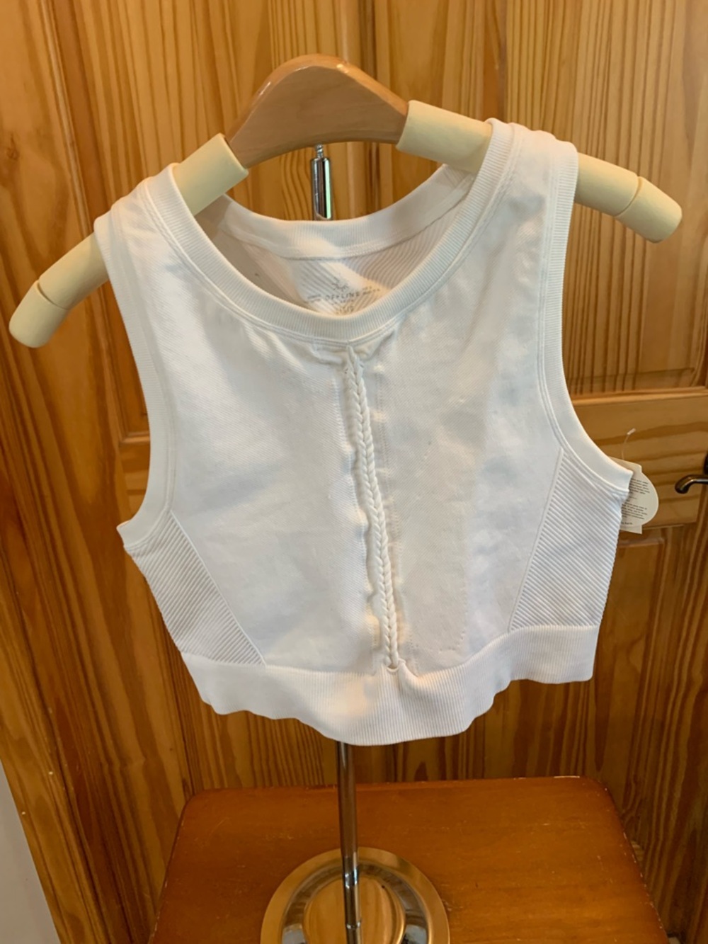 aerie White Sleeveless Cropped Knit Tank with Center Braid